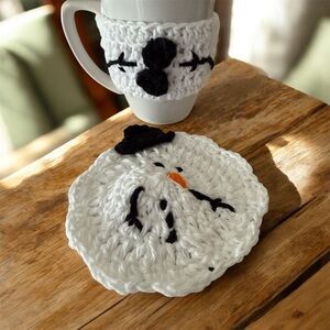 Winter Holiday Handmade Snowman Coaster and Mug Warmer Set